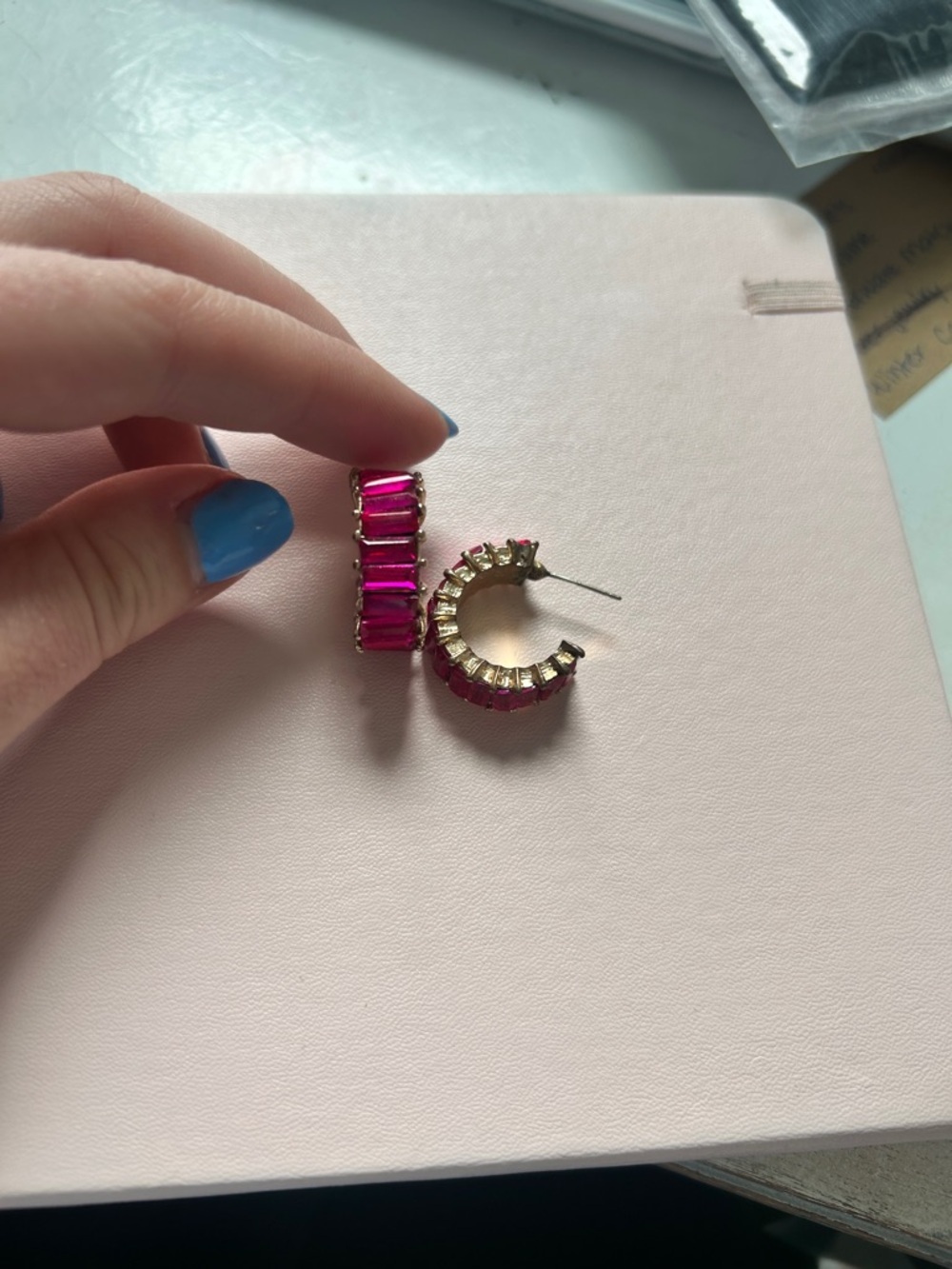 Gold Hoop Earrings with Pink Baguette Stones - Women Jewelry - Picture 1 of 3